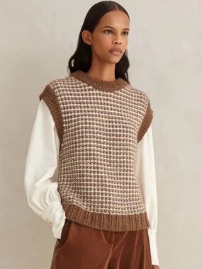 ME+EM || Merino Jacquard Chunky Relaxed Vest Sweater Brown White Large